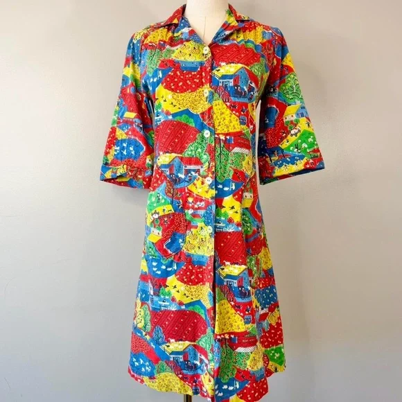 Vintage 1970s Novelty Print Tunic Shirt Jacket Farm Rainbow Retro 70s Groovy - Picture 4 of 8
